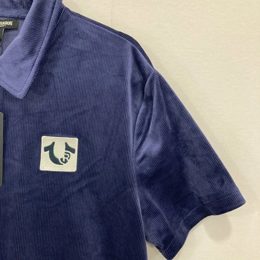 New True Religion Men's Velvet Velour Polo Shirt Medium‎ Eclipse Navy Blue